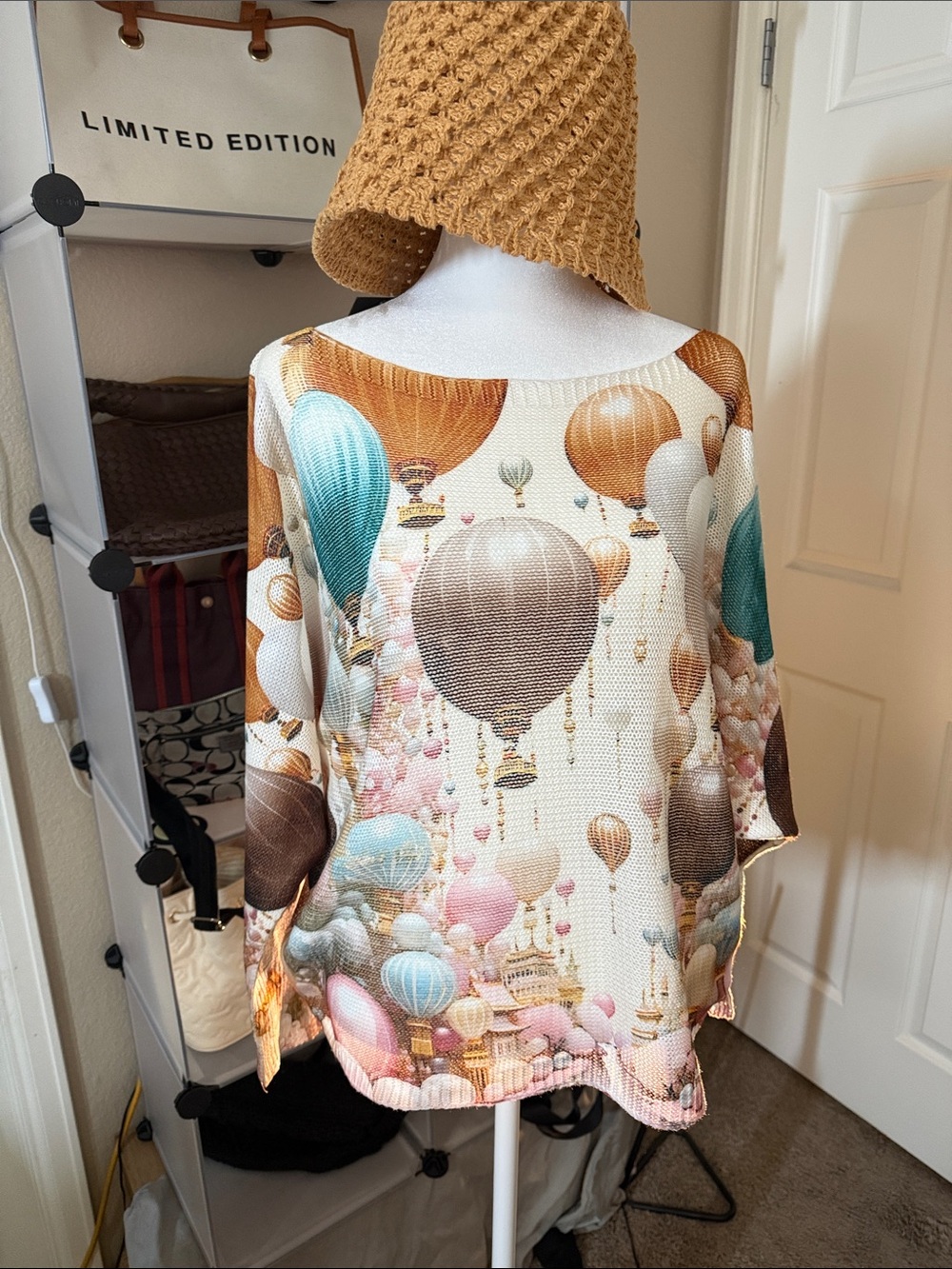 Made in Italy! Cream Hot Air Balloon Print Long Batwing Sleeve Knit Top.